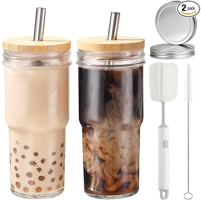 2 Pcs 24 oz Glass Cups With Bamboo Lids and Straws & 2 Airtight Lids, Reusable Smoothie Cup Mason... | Amazon (US)