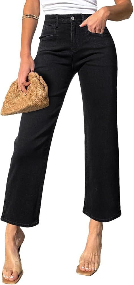 Sidefeel Women's Wide Leg Jeans High Waisted Stretchy Jeans Straight Leg Cropped Ankle Denim Pant... | Amazon (US)