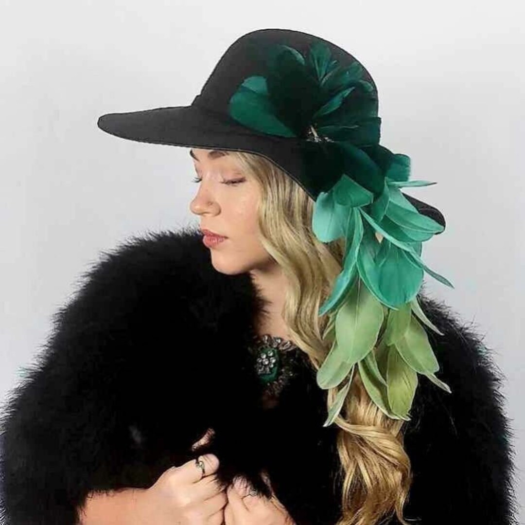 Feather Hat Ocean Green Ombré Feathers Black Felt Hat Festival Hat Vintage Style Hat Race Day Ha... | Etsy (US)