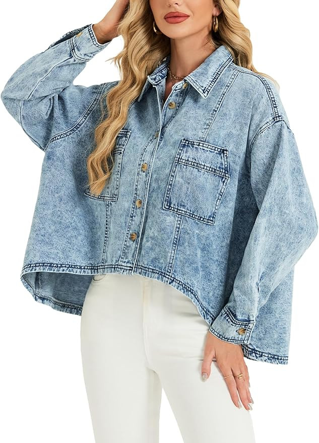 LifeShe Oversized Jean Jacket Women Lightweight Batwing Sleeve Denim Shacket Fall Shirt Trendy 20... | Amazon (US)