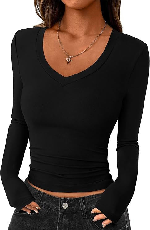 PRETTYGARDEN Womens Long Sleeve T Shirts 2025 Fall Trendy Deep V Neck Slim Fit Basic Crop Tops Ca... | Amazon (US)