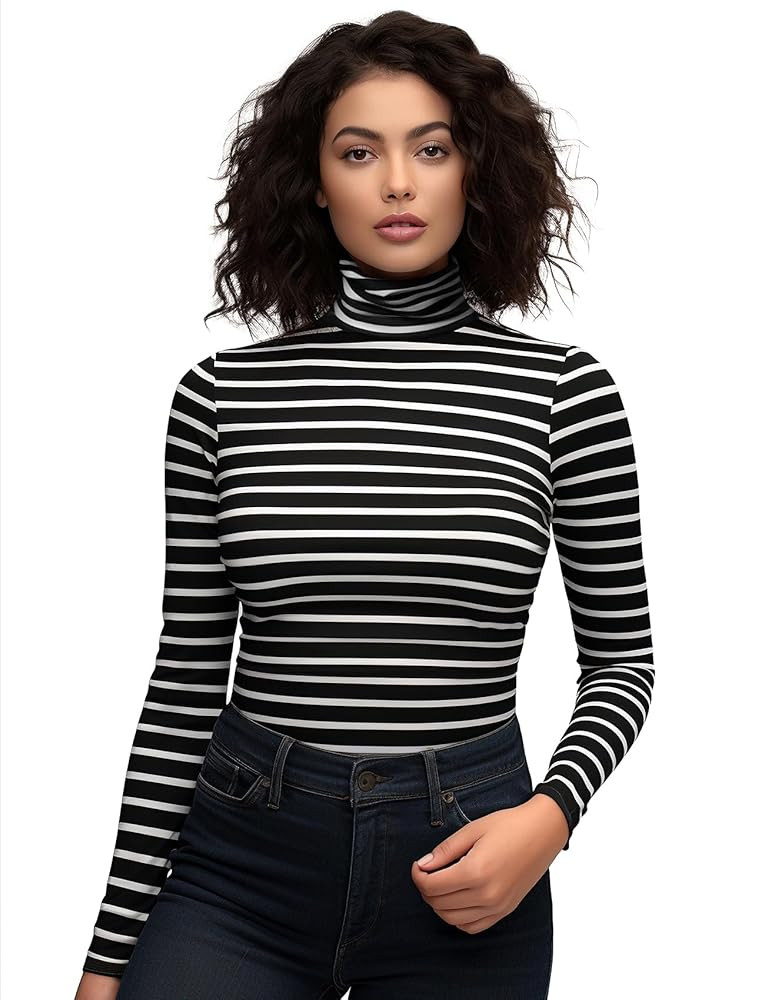 Zengjo Long Sleeve Turtleneck Women Stretch/Short Sleeve Tops Fitted Tee Shirt | Amazon (US)