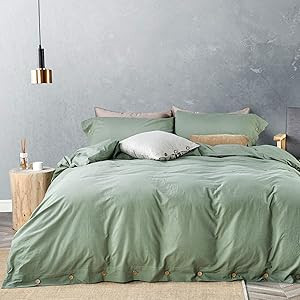 JELLYMONI Green 100% Washed Cotton Duvet Cover Set, 3 Pieces Luxury Soft Bedding Set with Buttons... | Amazon (US)