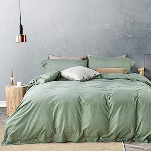 JELLYMONI Green 100% Washed Cotton Duvet Cover Set, 3 Pieces Luxury Soft Bedding Set with Buttons... | Amazon (US)