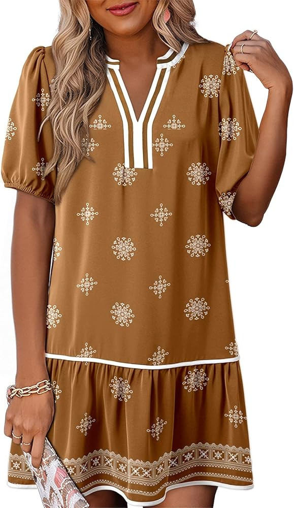 Dokotoo Women's Summer Dress Short Puff Sleeve V Neck Boho Floral Mini Casual Dresses with Pocket... | Amazon (US)