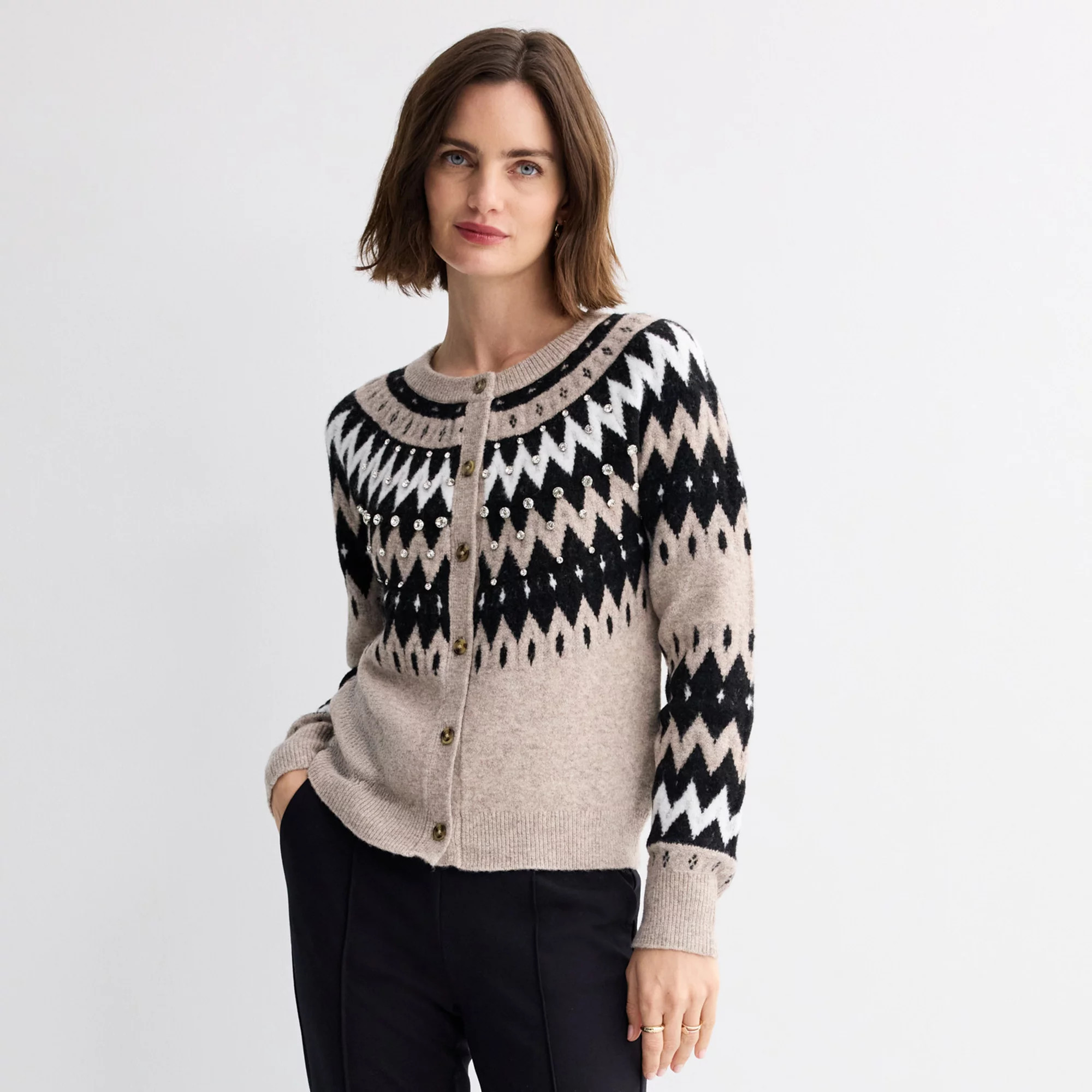 Women's Nine West Shine Crew Neck Sweater Cardigan, Size: Medium, Black Fairisle | Kohl's