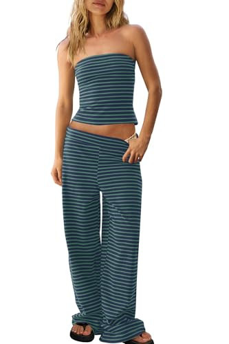 Panadila Womens Striped Two Piece Sets Summer Lounge Outfits Sailor Tube Top and Pants Matching Set Beach Vacation Travel Y2k (Navy Green Combo,XS) | Amazon (US)