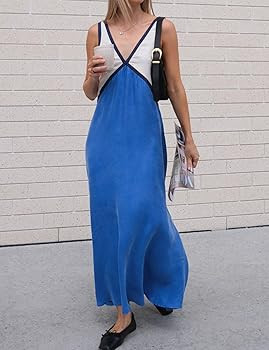Womens Summer Color Block Satin Dress Loose V Neck Contrast Patchwork Flowy Beach Vacation Long Tank Maxi Dresses | Amazon (US)