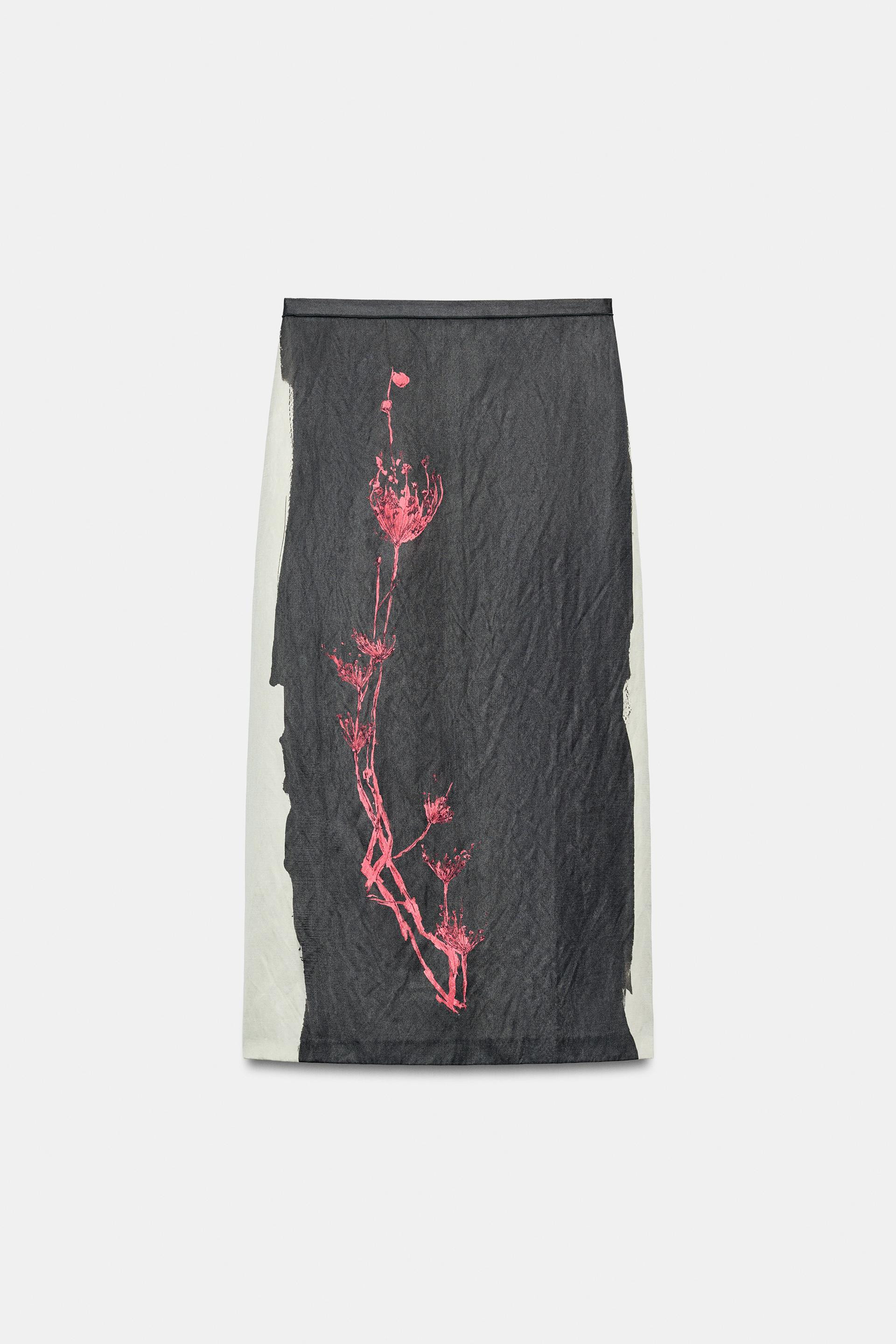 Zara - Zw Collection Printed Midi Skirt - Taupe Grey - L - Woman | Zara UK