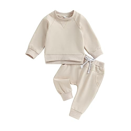 Infant Toddler Baby Boy Girl Clothes Solid Color Long Sleeve Pullover Tops Jogger Pants Set 2Pcs Fall Winter Outfit (Beige, 18-24 Months) | Amazon (US)