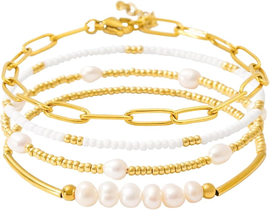 Dainty Gold Plated Pearl Crystal Beaded Bracelets Set for Women 14K Gold Plated Bead Pearl Beads ... | Amazon (US)