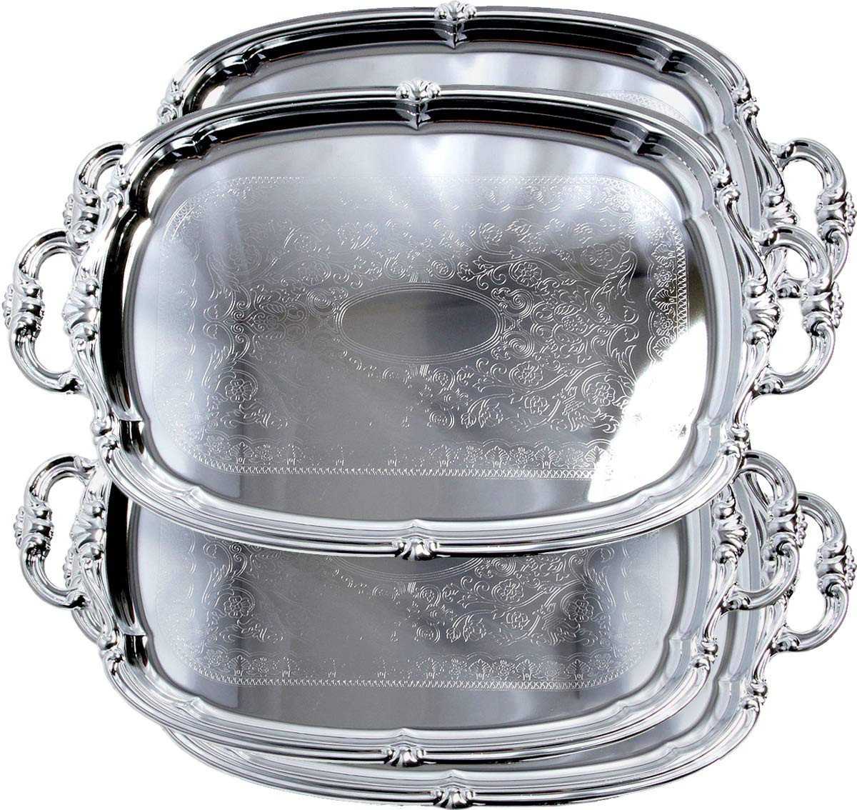 (Pack of 4) 21-Inch x 13.5-Inch Elegant Victoria Floral Engraved with Handle Serving Tray Silver ... | Amazon (US)