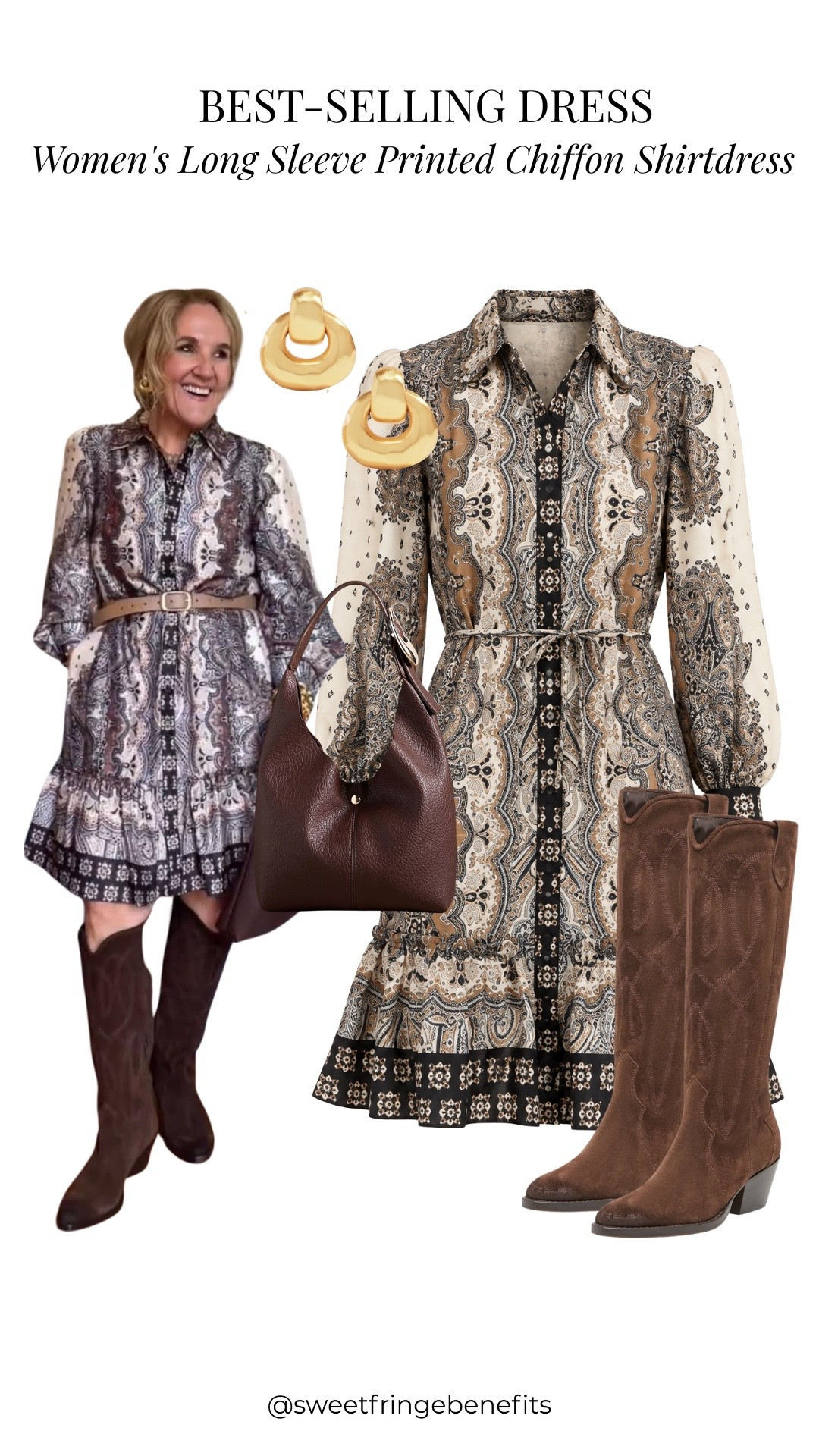 Well, I can see why this chiffon shirtdress is a best seller! The print is beautiful, and I think pairing it with tall brown boots makes it even better for fall.