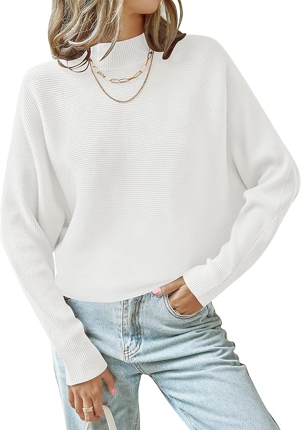 ZESICA Women's Fall 2026 Turtleneck Batwing Long Sleeve Ribbed Knit Casual Soft Pullover Sweater ... | Amazon (US)