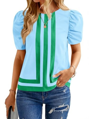 Cicy Bell Womens Summer Puff Sleeve Blouses Striped Color Block Cropped Tops Casual Round Neck Shirts Light Blue | Amazon (US)