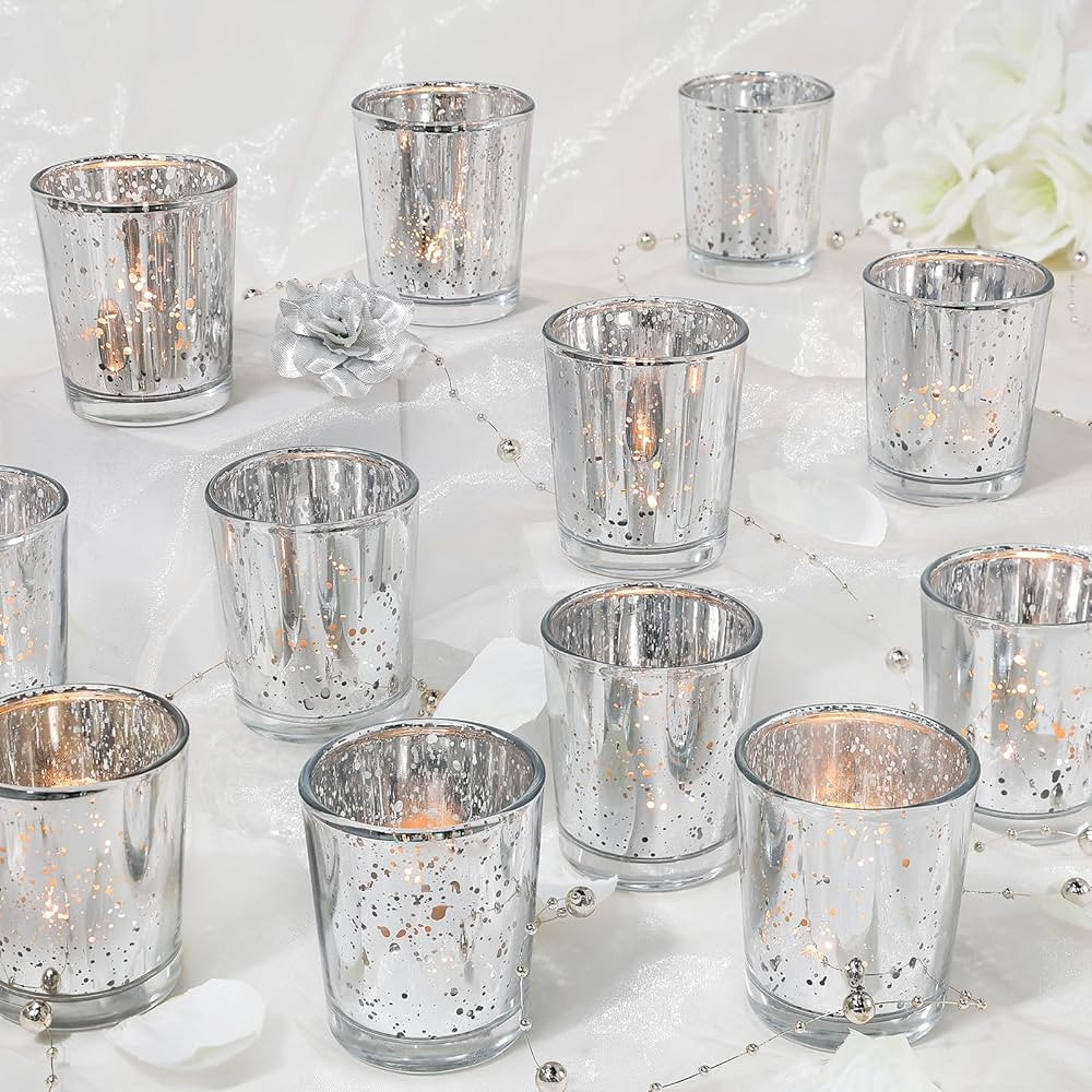 Votive Candle Holders Set of 24, Speckled Mercury Silver Candle Holders for Wedding Centerpiece T... | Amazon (US)