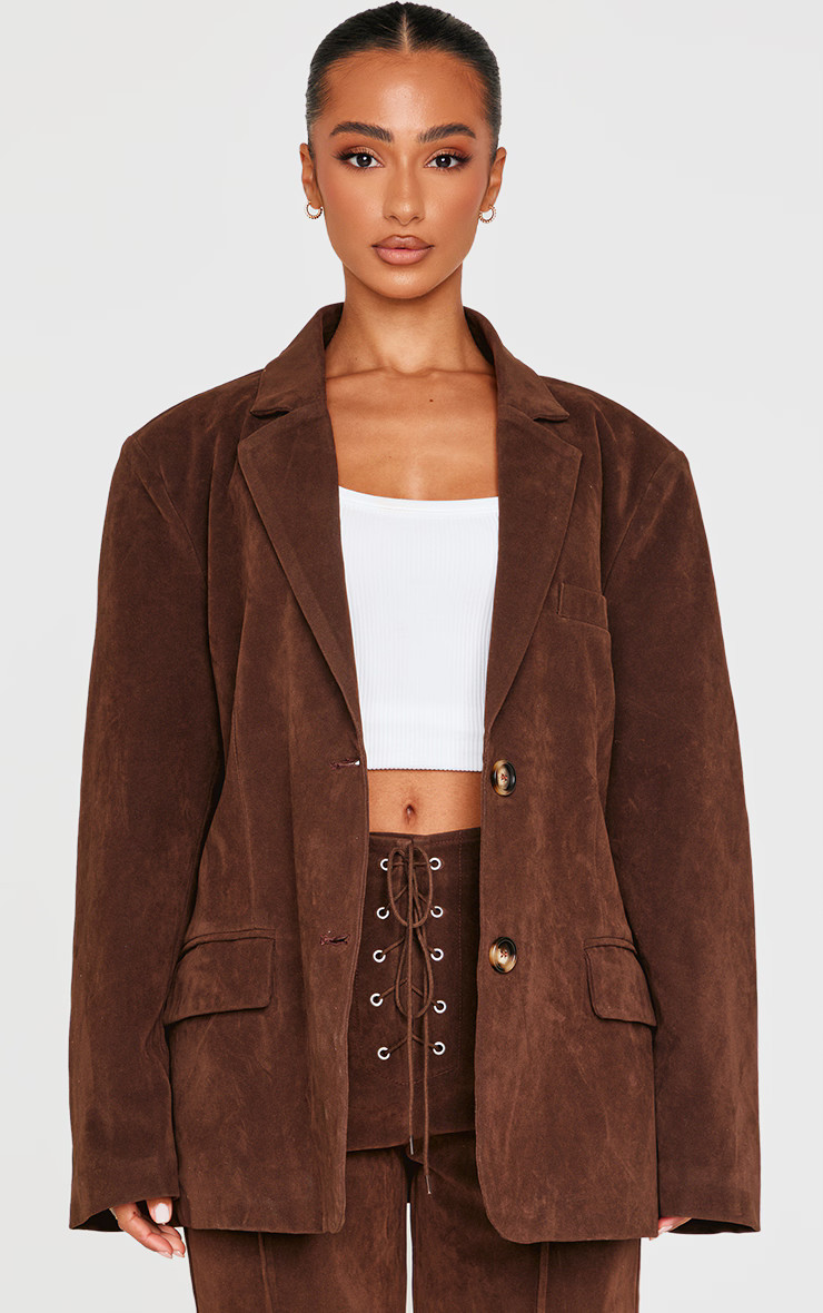 Petite Chocolate Faux Suede Longline Blazer | PrettyLittleThing UK