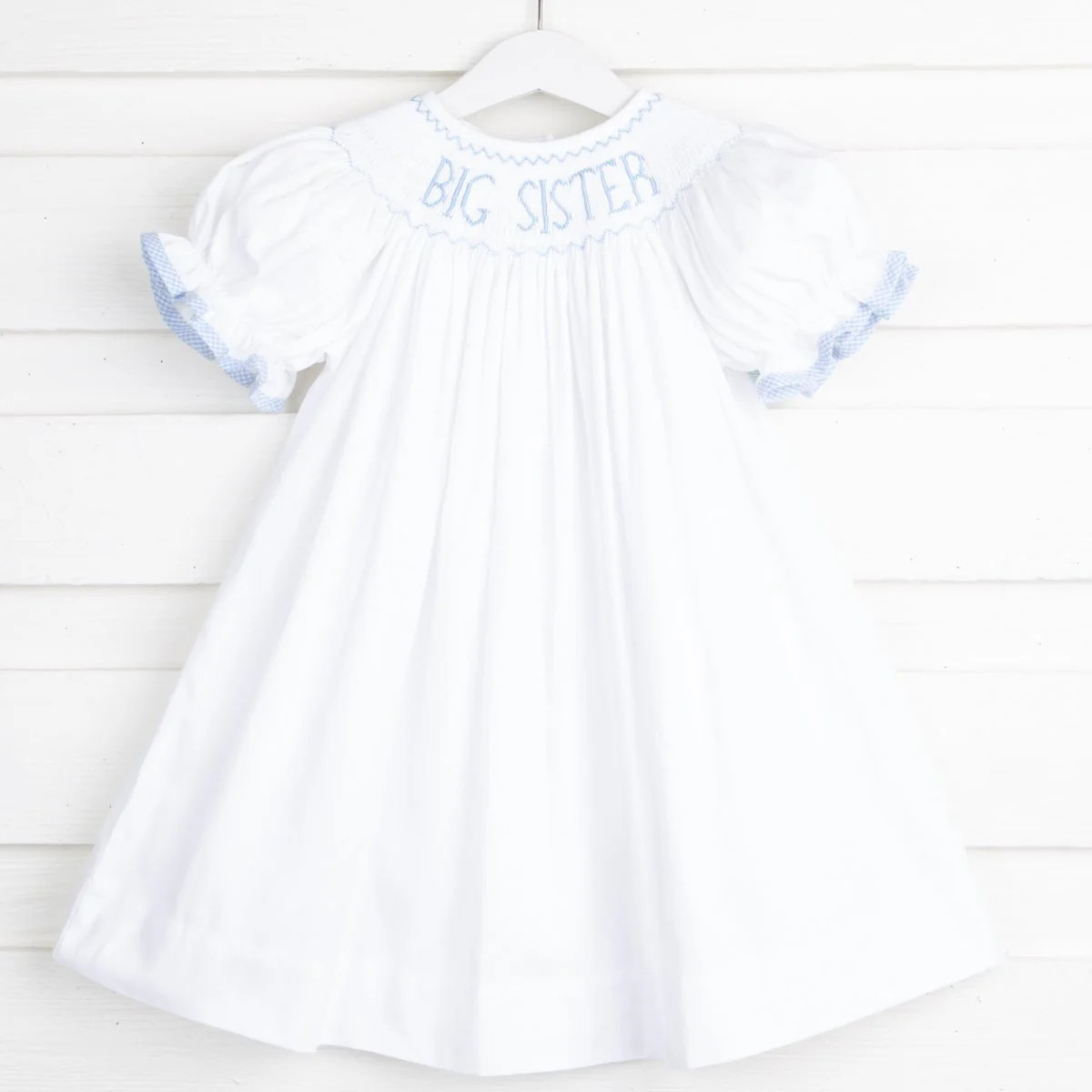 Big Sister Smocked Bishop Dress White with Blue | Classic Whimsy