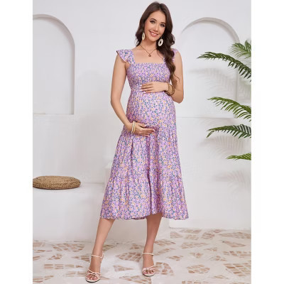 Maternity Dress Square Neck Sleeveless Smocked Ruffle Sleeve Baby Shower Photoshoot Summer Midi Dresses Purple Floral M | Target