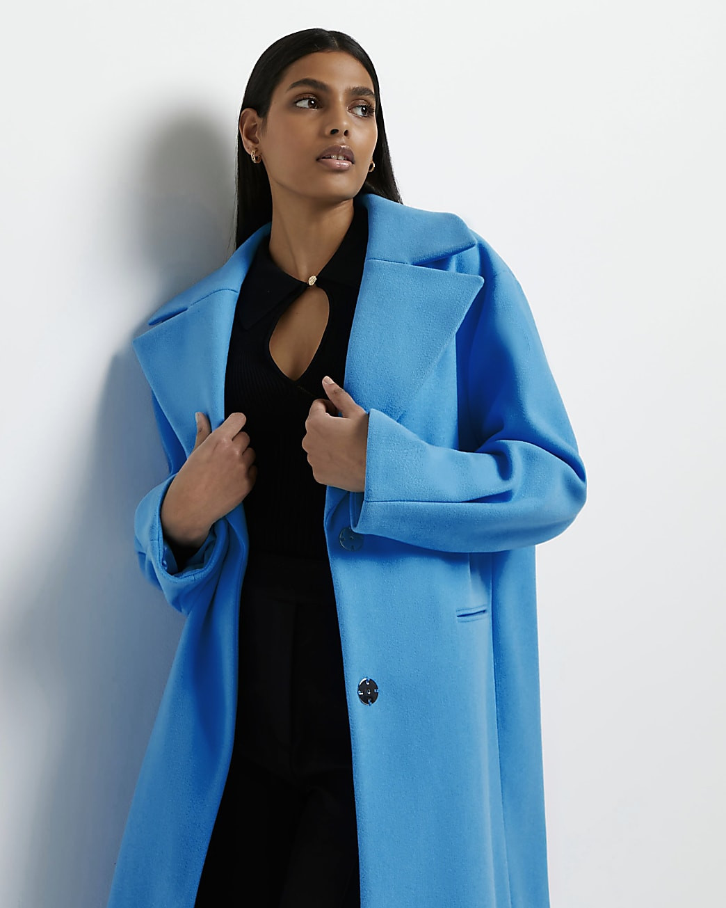Blue pleated detail longline coat | River Island (UK & IE)