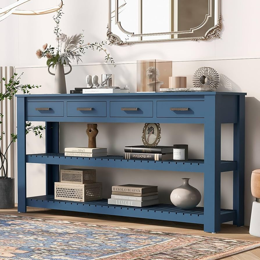 62 in Modern Blue Console Table with 4 Drawers and 3-Tier Storage Shelves, Wood Long Sofa Table E... | Amazon (US)