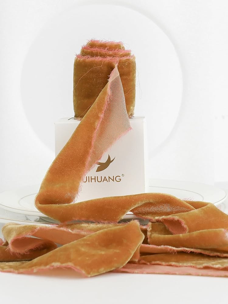 HUIHUANG Cinnamon Velvet Ribbon 2 inch Handmade Frayed Silk Velvet Ribbon for Flower Bouquet, Gif... | Amazon (US)