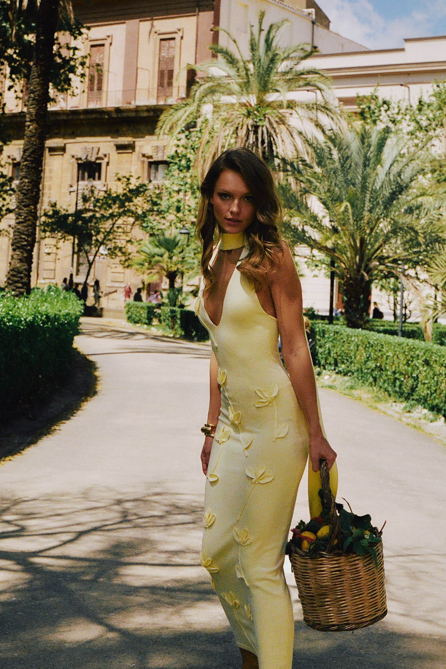 Floral Knit Midi Dress - Lemon | MESHKI US