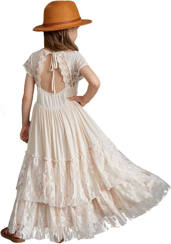 BIBIHOU Girls Kids Lace Back Full-Length Backless Tulle Party Holiday Formal Flower Girl Dress | Amazon (US)