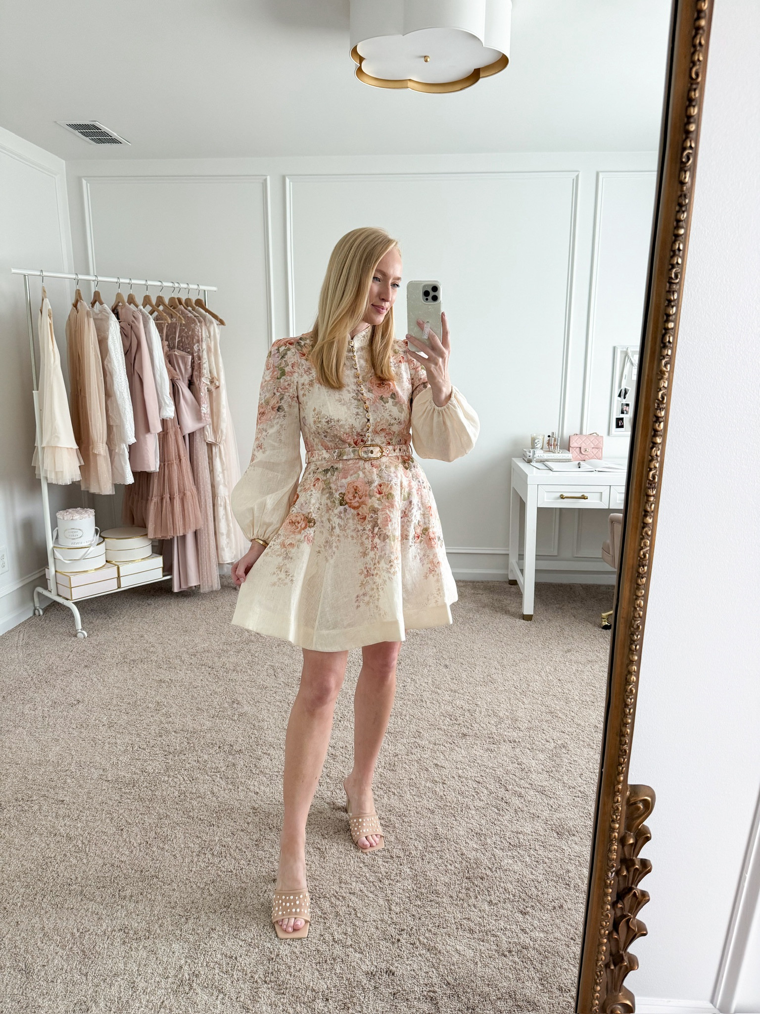 green emerald velvet dress Zimmerman Illustration Buttoned Mini Cream Rococo Floral – blueandcream main image 0