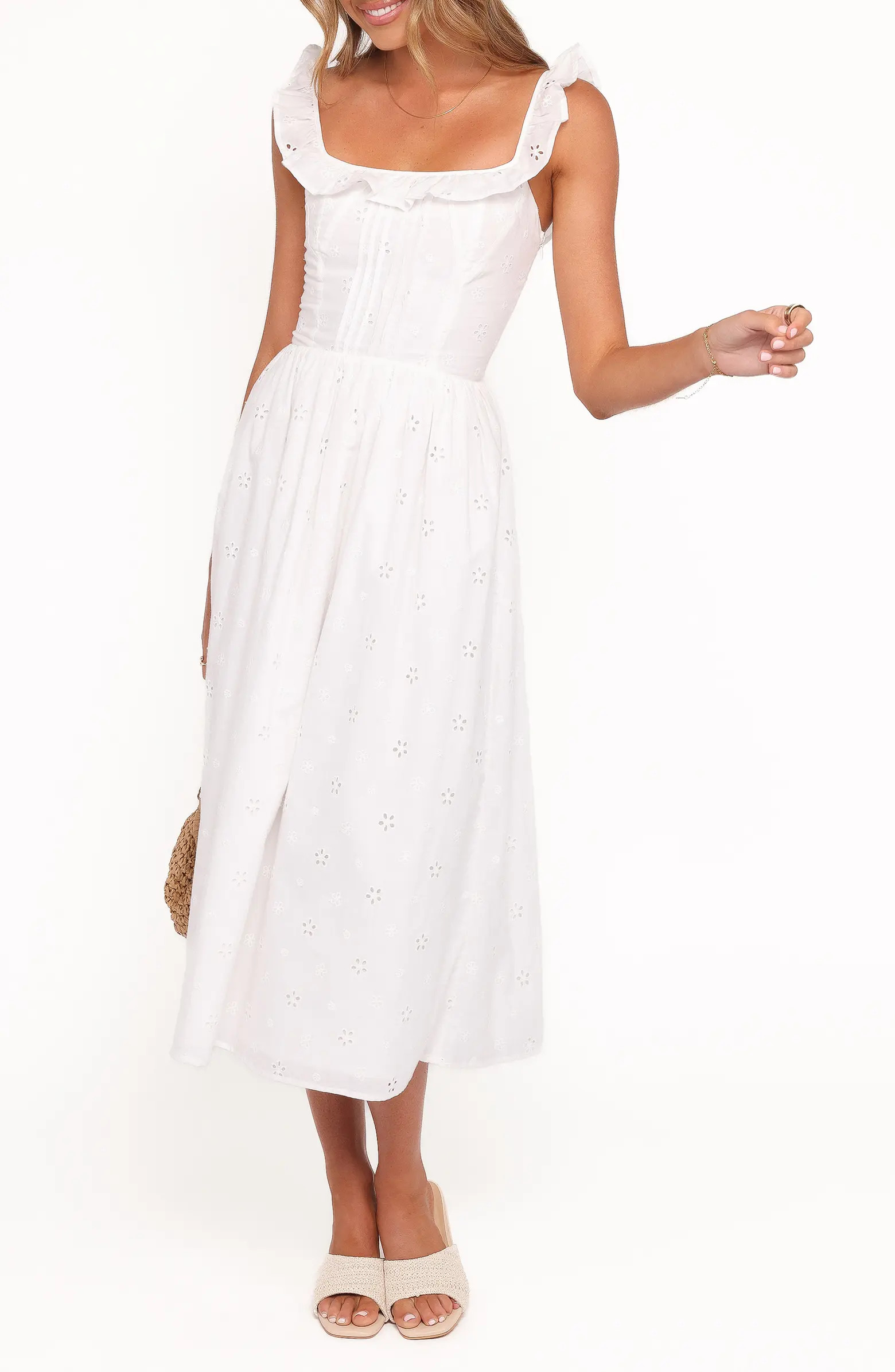 Ruella Eyelet Lace-Up Back Midi Dress | Nordstrom