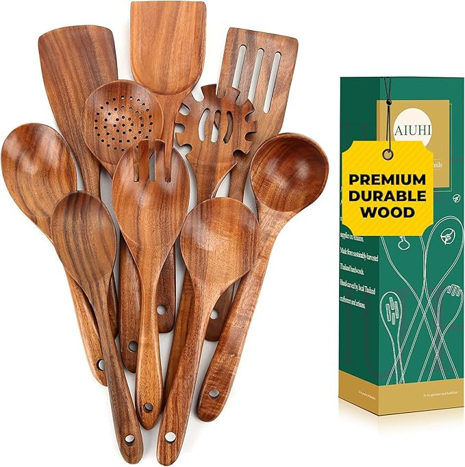 AIUHI Teak Wooden Utensil Set of 10, Wooden Utensils for Cooking, Non Stick Kitchen Spatula Set f... | Amazon (US)