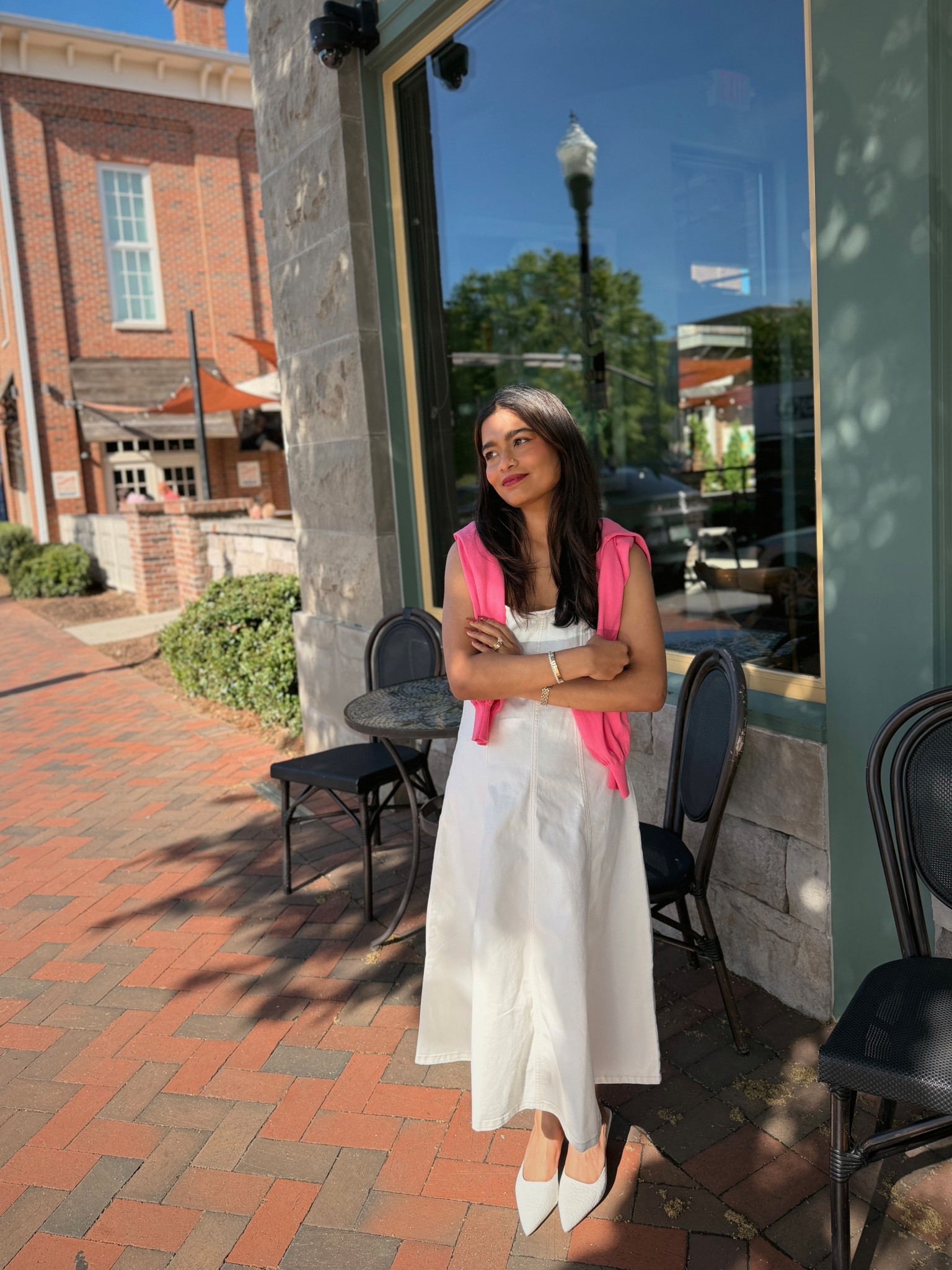 Denim white midi dress for Spring. Very flattering for petites. Wearing small petite but need to size down to xs. 
Not wearing a bra and the dress comes with back zipper. Dress on sale  

#LTKPetite #LTKSeasonal #LTKmomlife