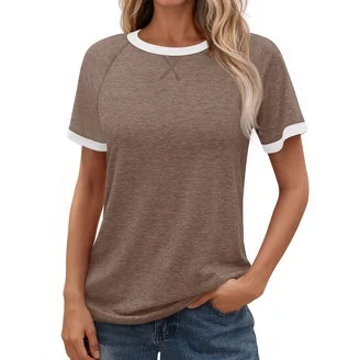 JWD Women's Top Short Sleeved T-Shirt Round Neck Casual Blouses Patchwork Split Hem Tee Top Light... | Walmart (US)