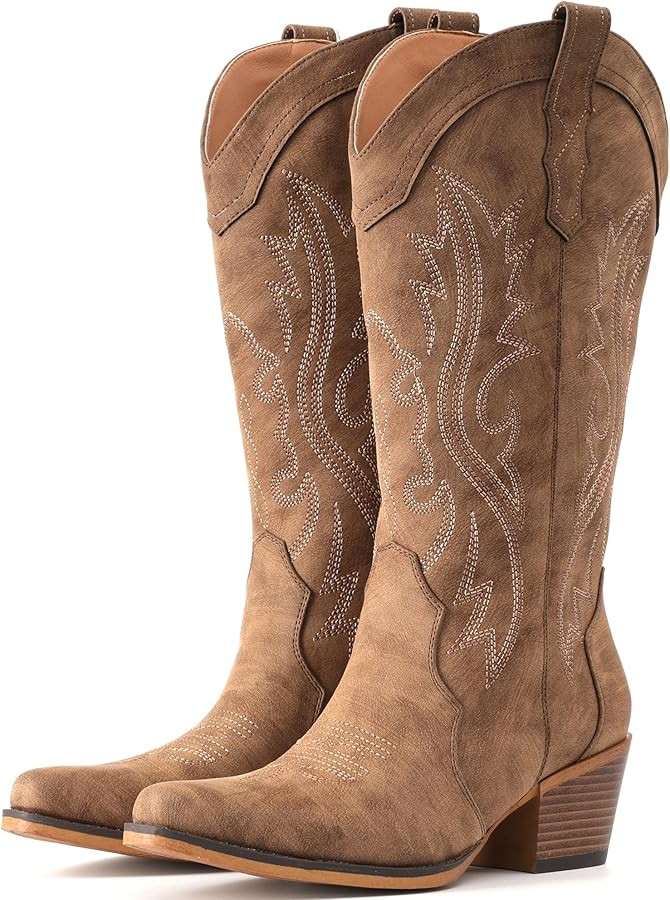 Amazon.com | IUV Cowboy Boots For Women Western Cowgirl Boots with Chunky Heel Mid Calf Snip Toe ... | Amazon (US)