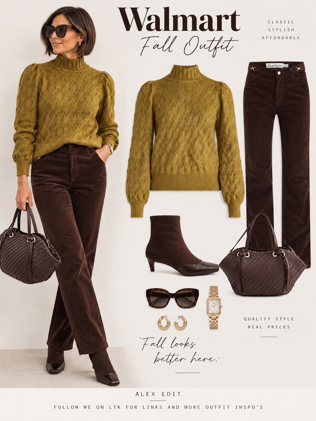 This color combination deserves a moment! The rich mustard-gold sweater brings warmth to the look, while the delicate puff sleeves and beautiful knit detail add just the right amount of femininity. Paired with chocolate brown corduroy pants, the contrast of textures makes this outfit even more interesting. The deep brown accessories pull everything together for a polished, cozy fall look.
And yes, it’s all from Walmart!