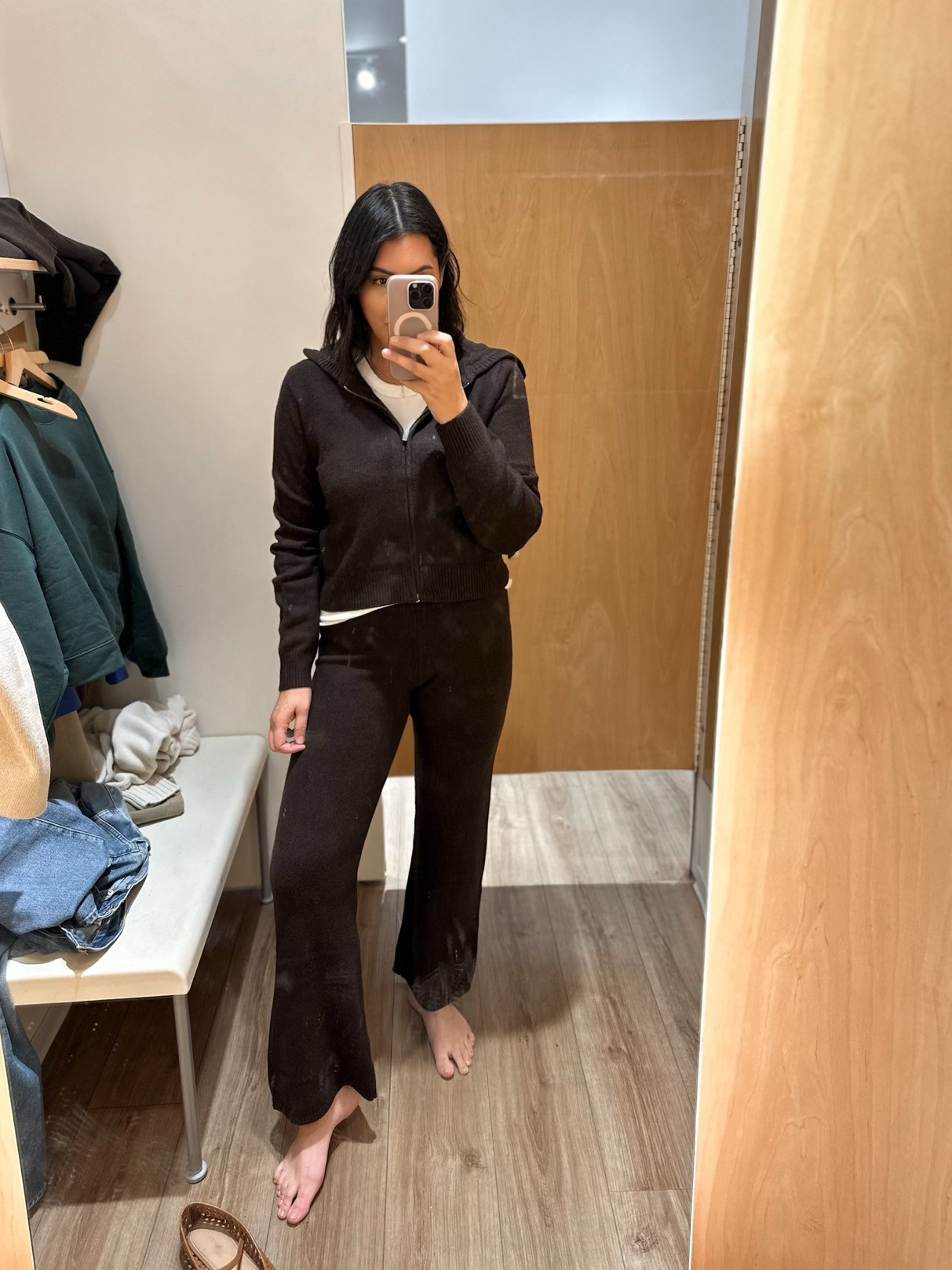 Both of these pieces are 50% off!I’m in the medium of both and they fit true to size. With that said, if you wanted a bit more wiggle room in the waist / hip area of the pants for extra comfort go up one size. They’re both so so soft, will be nice for this fall / winter!

Comes in a lot of other colors, too. I’m just very partial to this brown rn.  

 