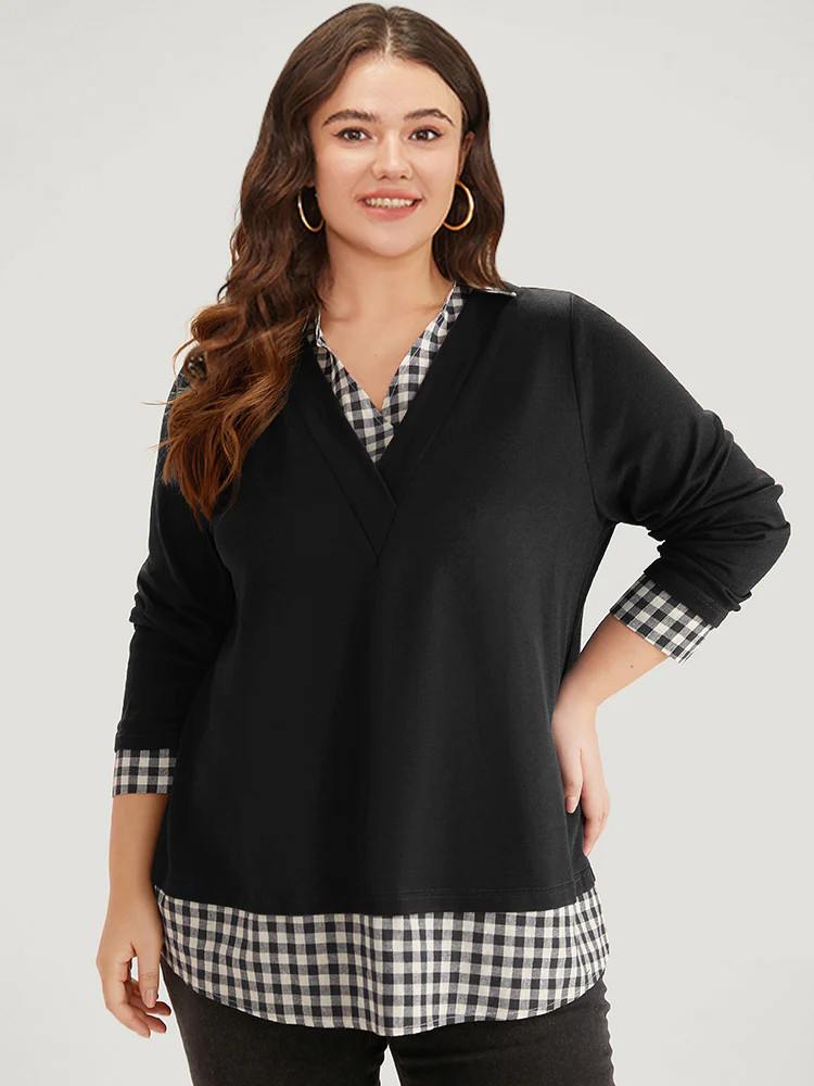 Gingham Patchwork Shirt Collar Arc Hem Sweatshirt | Bloomchic