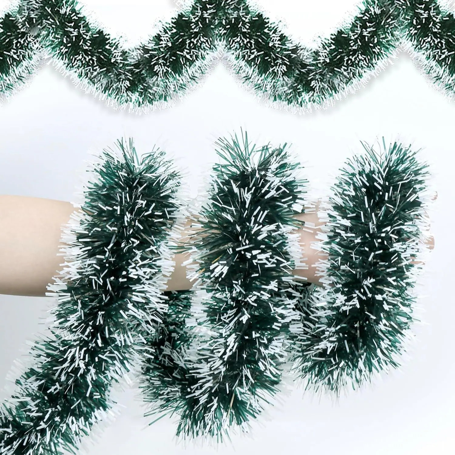 Grastfu 50 Ft Green and White Metallic Tinsel Christmas Garland with Snow-Tip Design for Tree Mantel Stairs Fireplace Indoor Outdoor Holiday Decor | Lowe's