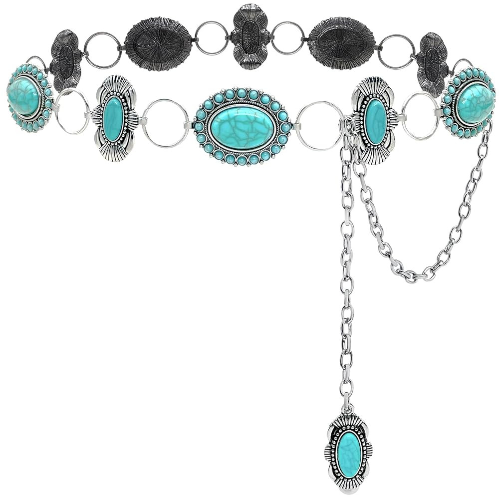 Turquoise Concho Belt Silver Western Chain Cowgirl Country Belt Accessories for Women | Amazon (US)