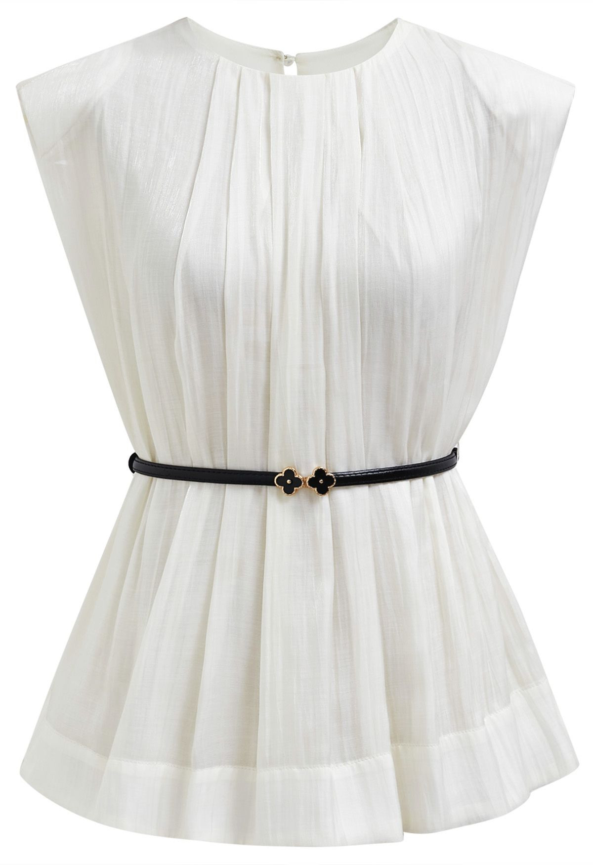 Glitter Pad Shoulder Belted Sleeveless Top in Cream | Chicwish