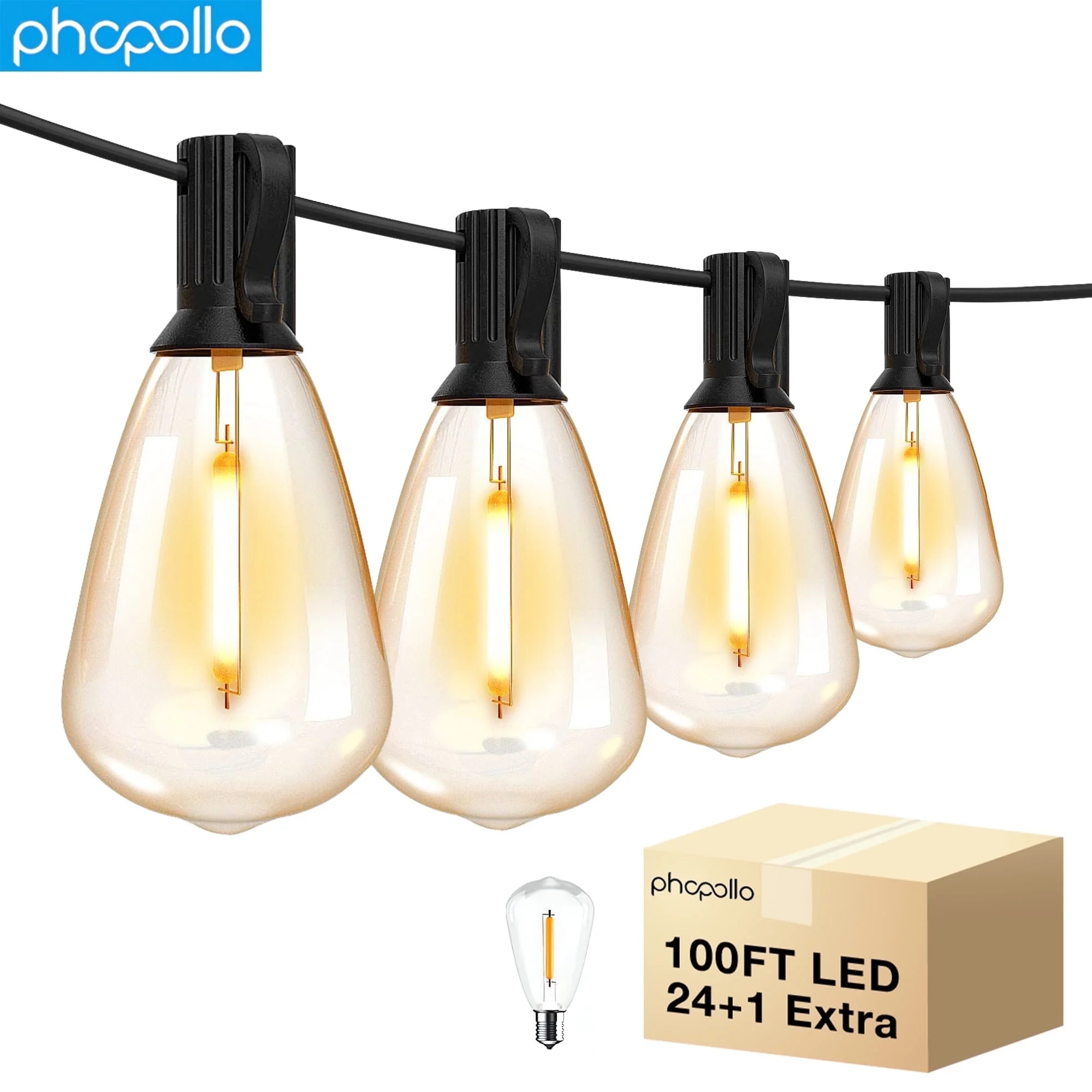 PHOPOLLO Outdoor String Lights 100FT Patio Lights with 24+1 Shatterproof ST38 Vintage Edison Bulb... | Walmart (US)