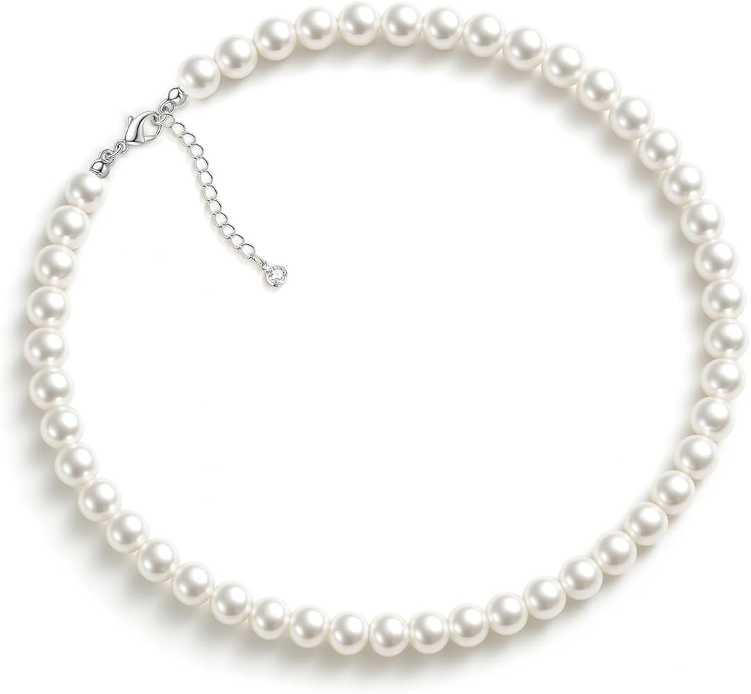 Zeffy Pearl Necklace 8MM Dainty Round Imitation Pearl Choker Necklace Wedding Pearl Necklace Delicate Jewelry for Women Simple Bridesmaid Jewelry Gifts | Amazon (US)