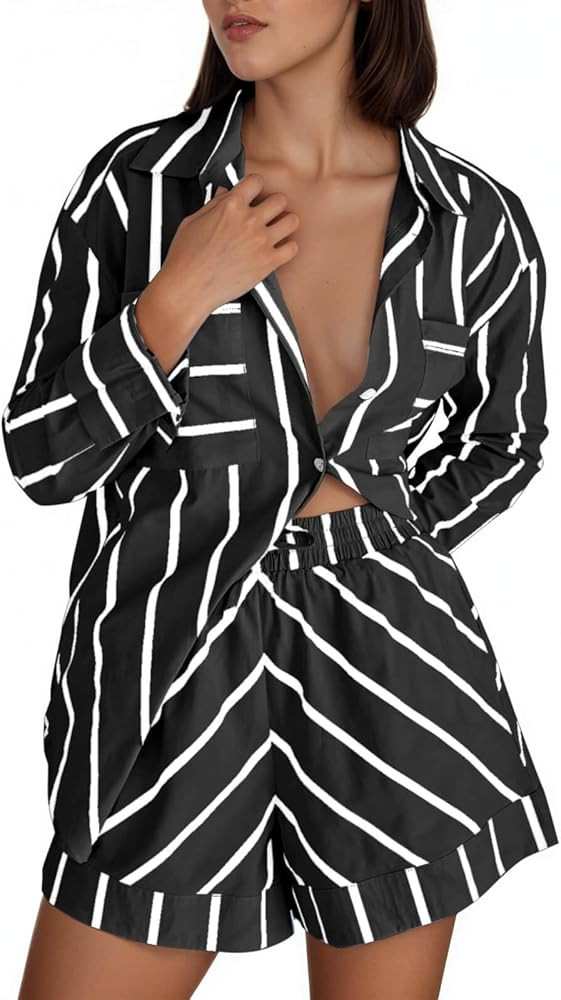 Tankaneo Womens Striped 2 Piece Outfits Button Down Shirts and Shorts Lounge Matching Sets | Amazon (US)