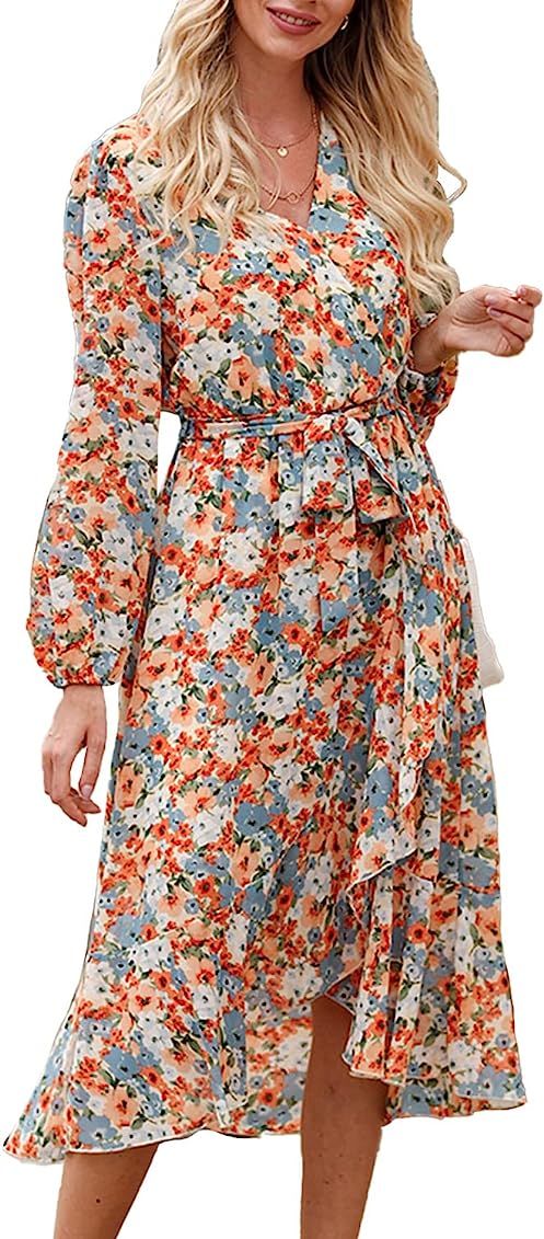 PRETTYGARDEN Women's Floral Print Boho Dress Long Sleeve Wrap V Neck Ruffle Belted A-Line Flowy M... | Amazon (US)
