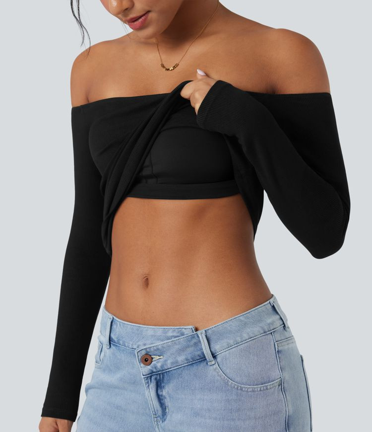 Women’s Ribbed Knit Off Shoulder Long Sleeve 2-in-1 Casual Top - Halara | HALARA