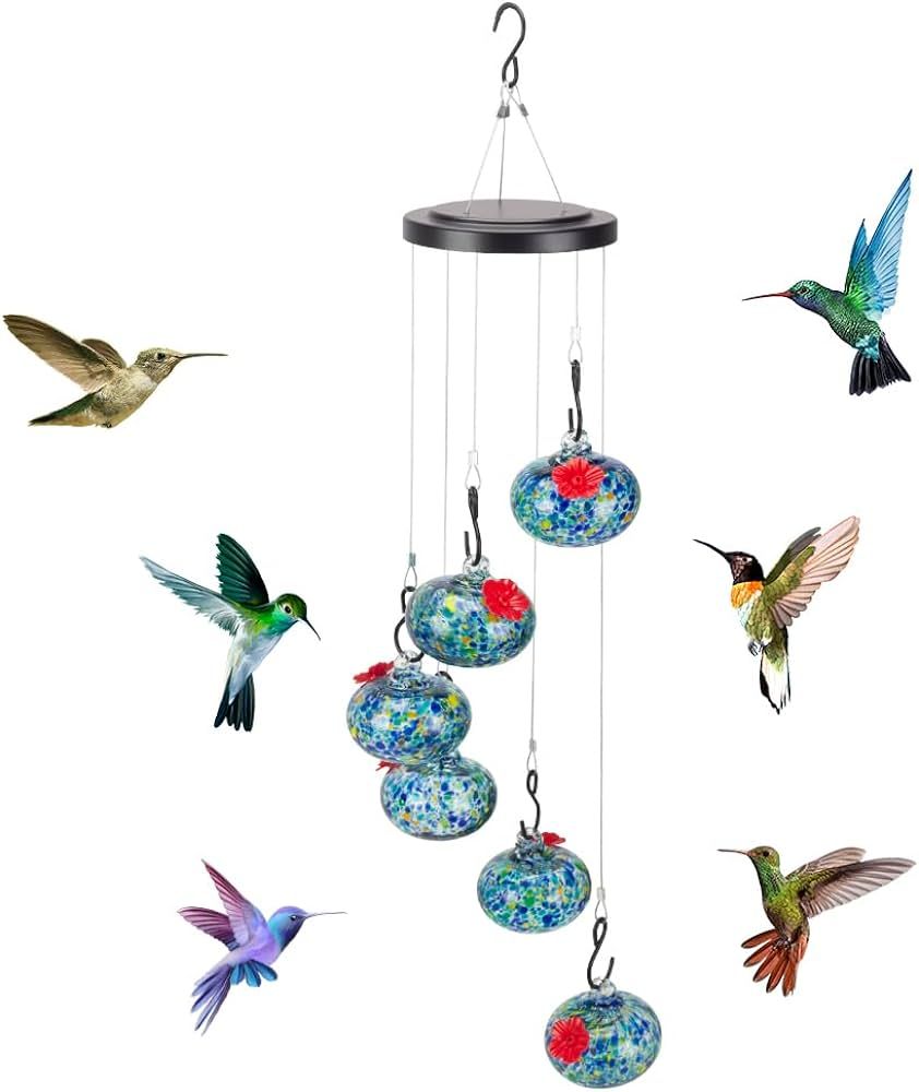 SOEWIOU Charming Wind Chimes Hummingbird Feeder, Garden Hummingbird Feeder, Hand Blown Glass Humm... | Amazon (US)
