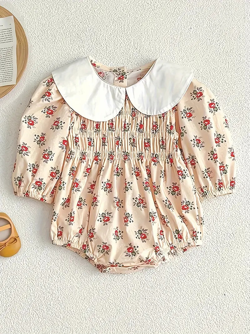 Spring And Autumn Korean Style New Doll Collar Floral Romper - Temu | Temu Affiliate Program