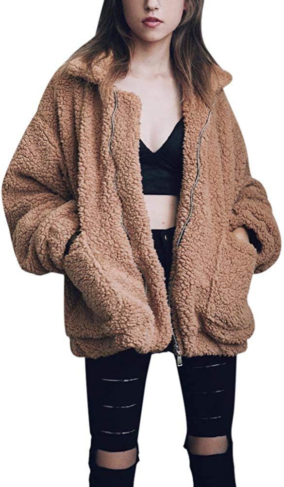 Women\'s Coat Casual Lapel Fleece Fuzzy Faux Shearling Zipper Coats Warm Winter Oversized Outwear... | Amazon (US)