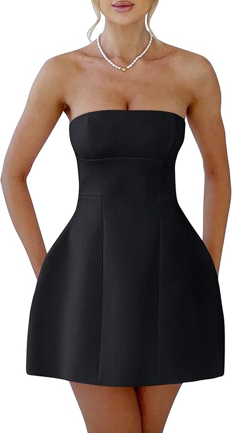 Amazon.com: YMDUCH Womens Sexy Strapless Tube A-line Mini Dress Club Party Short Prom Dress Black... | Amazon (US)