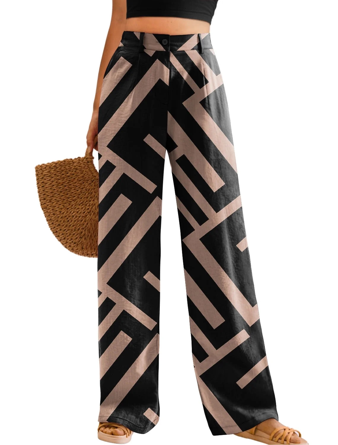 Womens Casual Wide Leg Pants High Waisted Button Down Straight Long Trousers Palazzo Pants | Walmart (US)